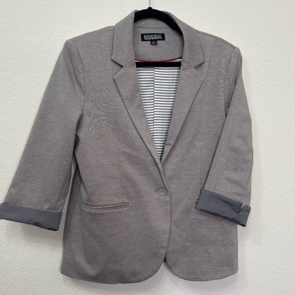 NICOLE MILLER Grey Blazer 3/4 Sleeves Lined Neutral Blazer Size Large - Picture 2 of 11